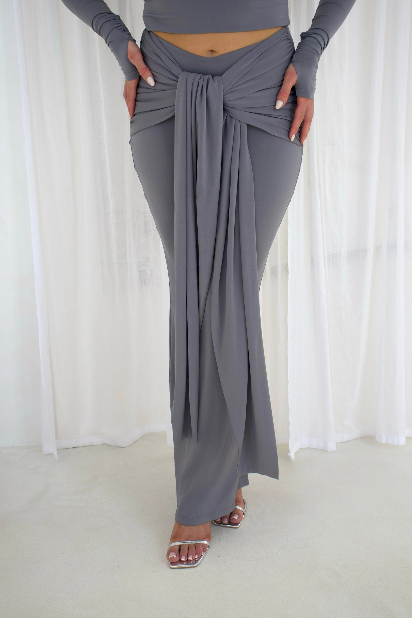 ‘Maya’ Tie Front Draped Maxi Skirt - Grey