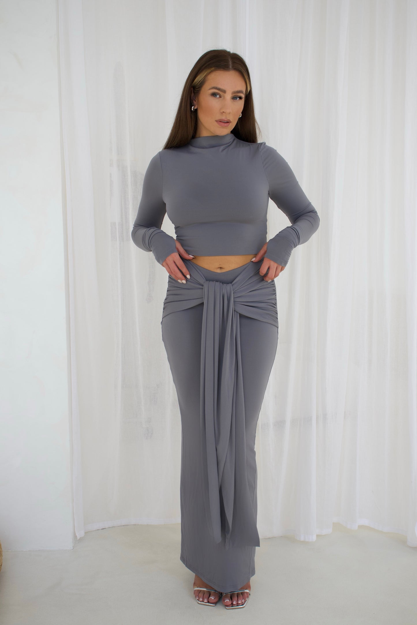 ‘Maya’ Tie Front Draped Maxi Skirt - Grey