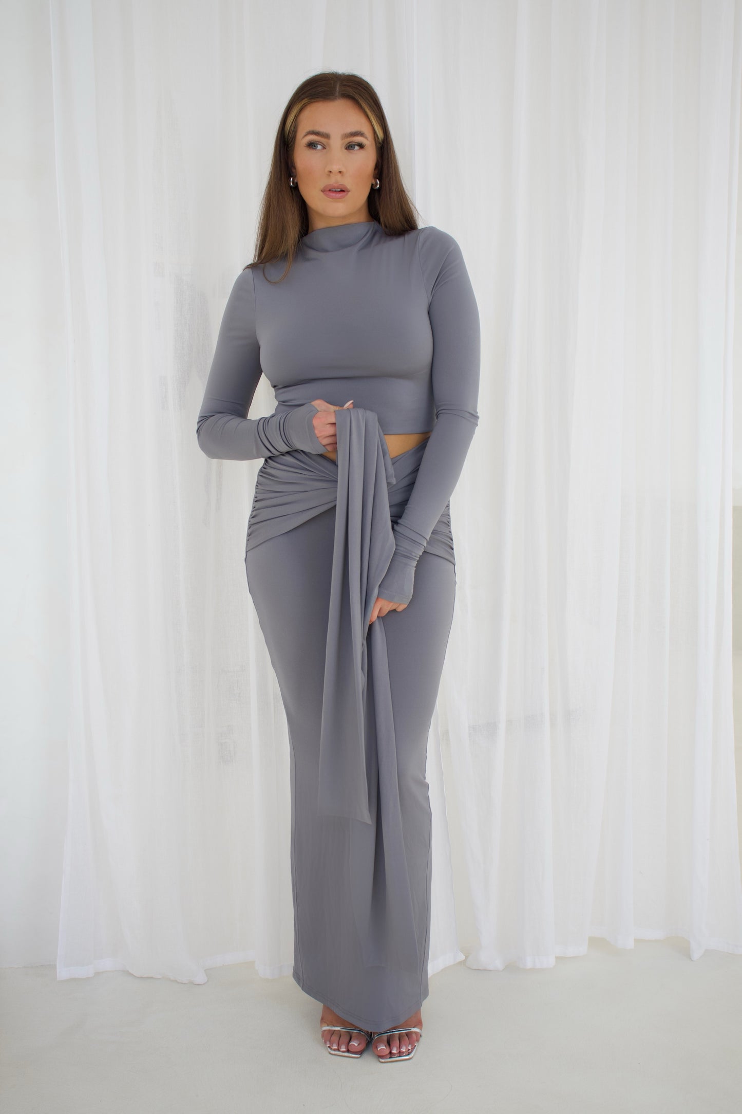 ‘Maya’ Tie Front Draped Maxi Skirt - Grey