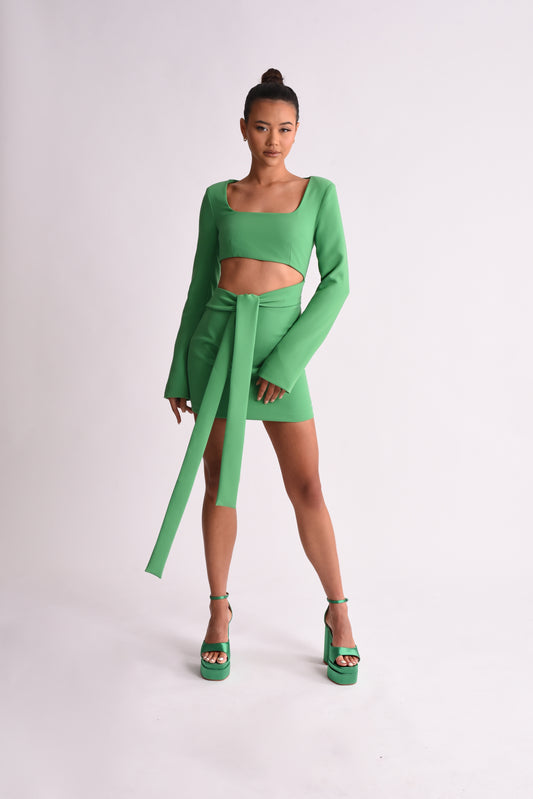 'Romi' Cut Out Tie Waist Mini Dress - Green