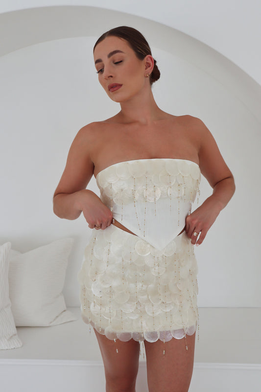 'Santorini' Shell Embellished Crop Top - Ivory
