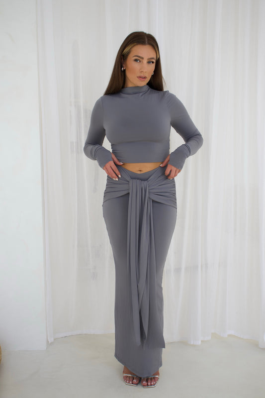 ‘Luna’ High Neck Ruched Sleeve Cropped Top - Grey