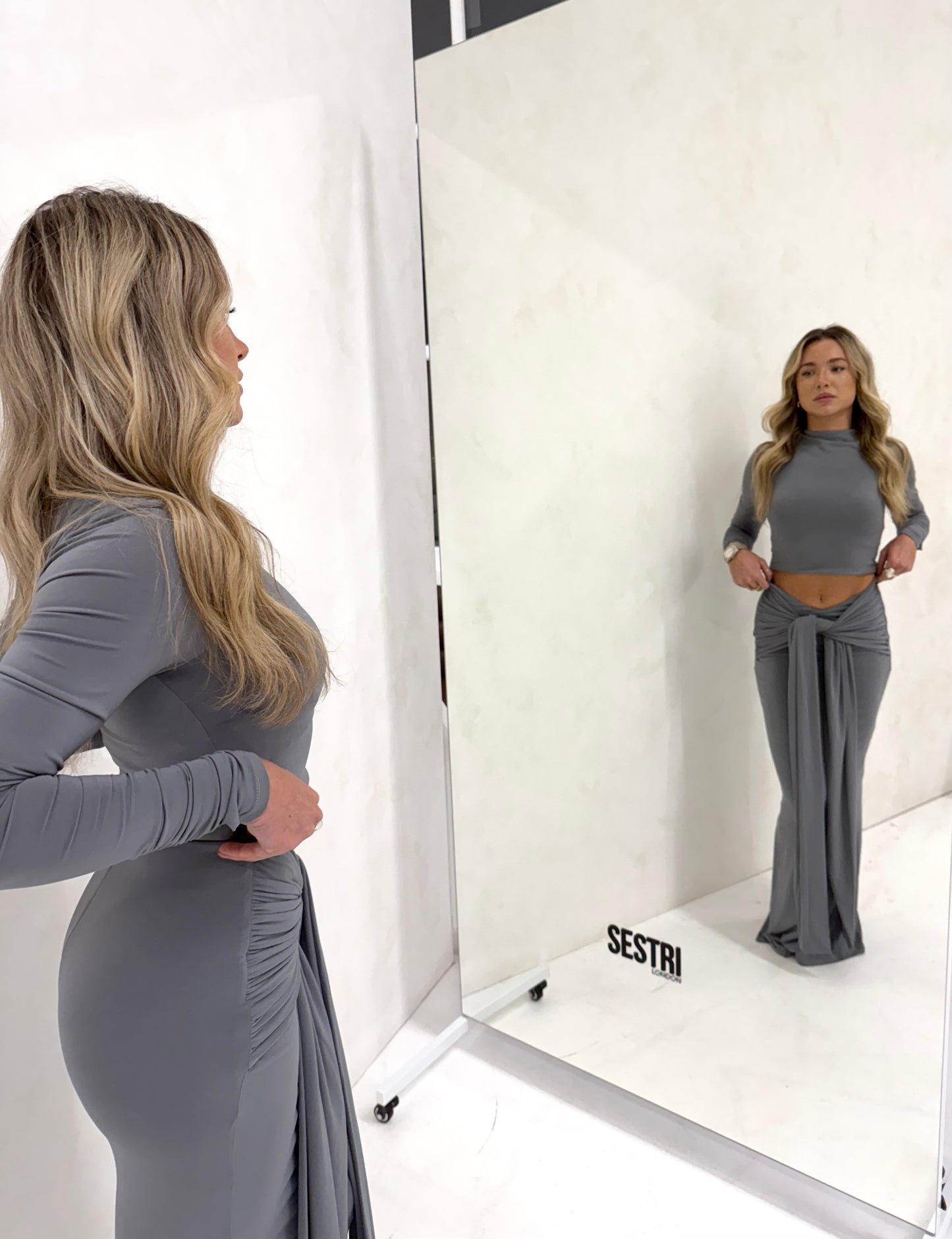 ‘Maya’ Tie Front Draped Maxi Skirt - Grey