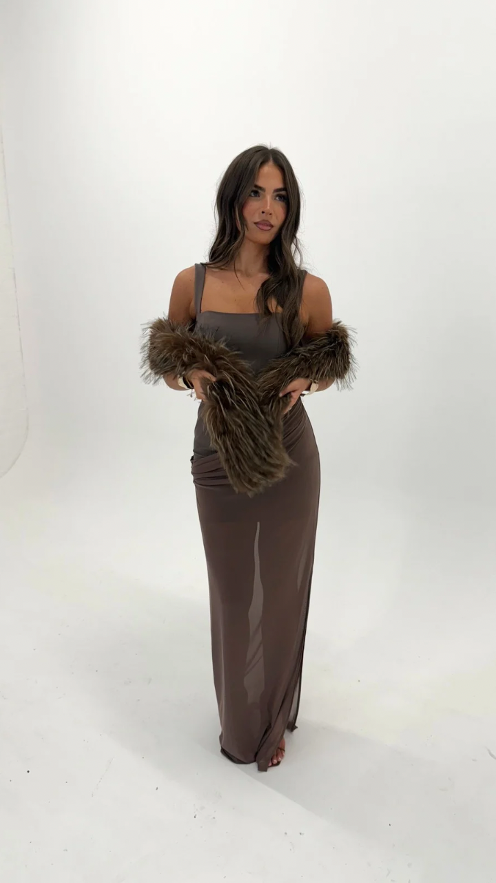 'Amina' 3-in-1 Square Neck Mesh Dress - Chocolate