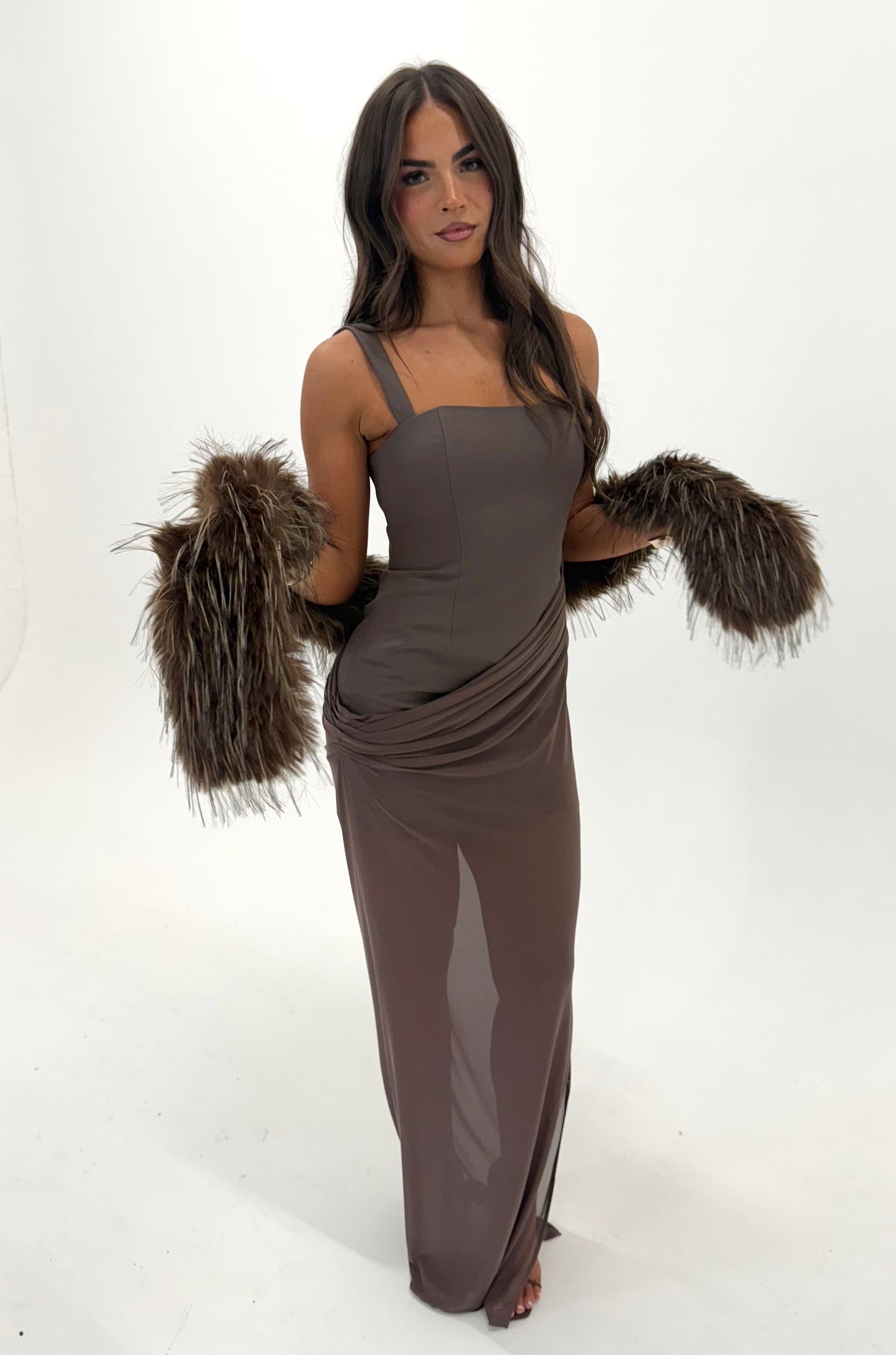 'Amina' 3-in-1 Square Neck Mesh Dress - Chocolate