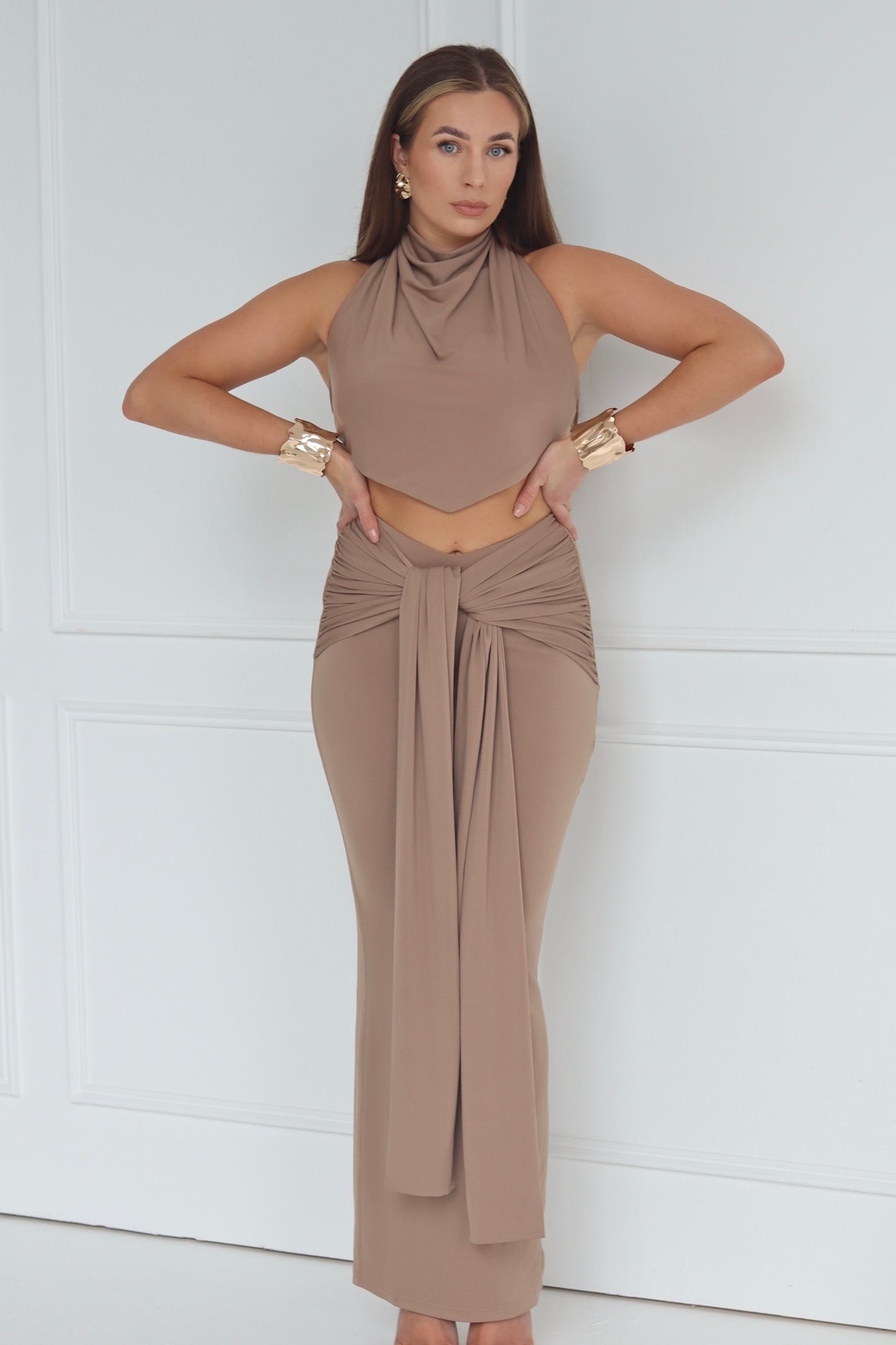 'Maya' Tie Front Draped Maxi Skirt - Taupe