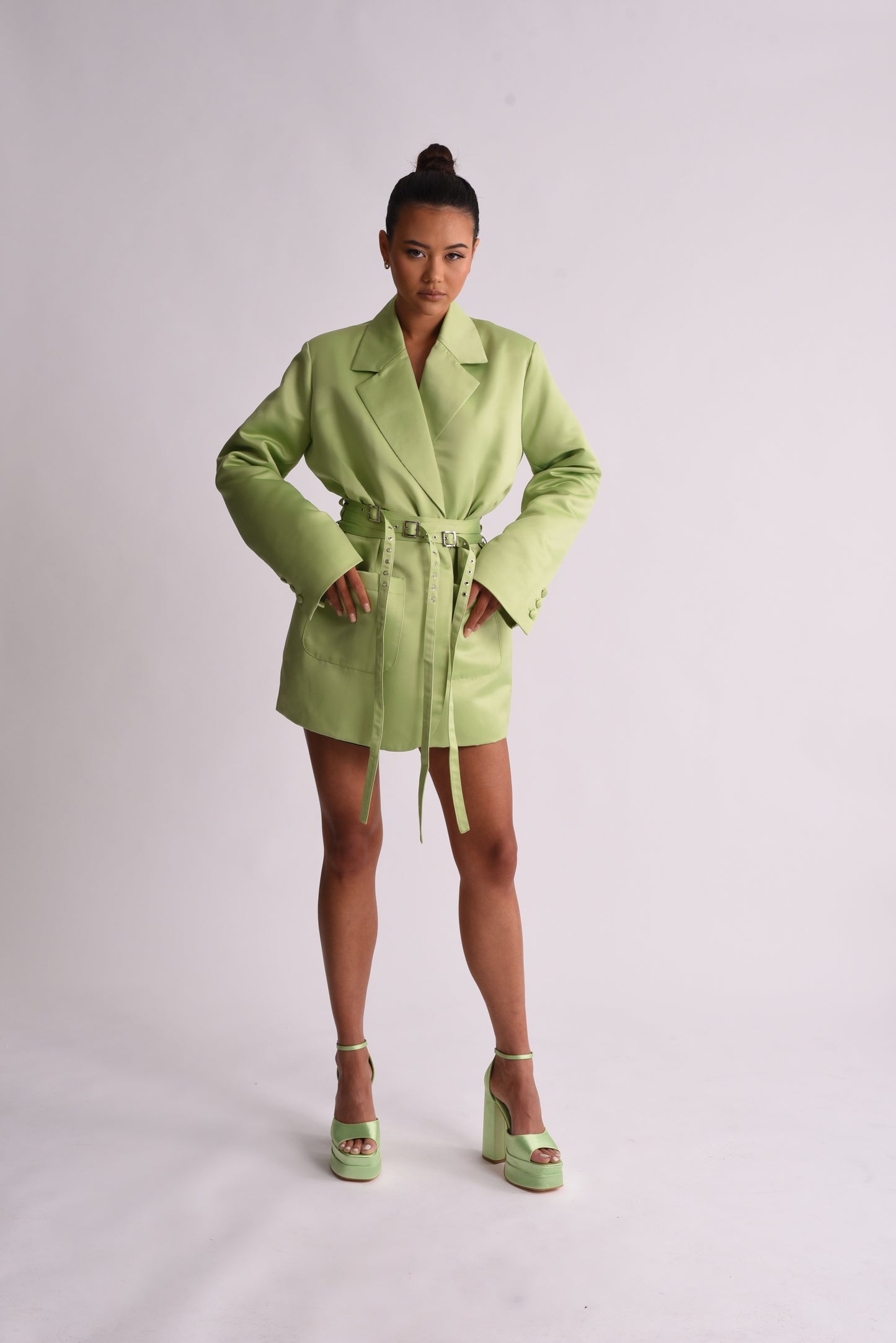 'Sofia' Triple Belted Satin Blazer Dress - Apple Green