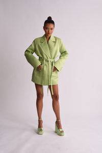 'Sofia' Triple Belted Satin Blazer Dress - Apple Green