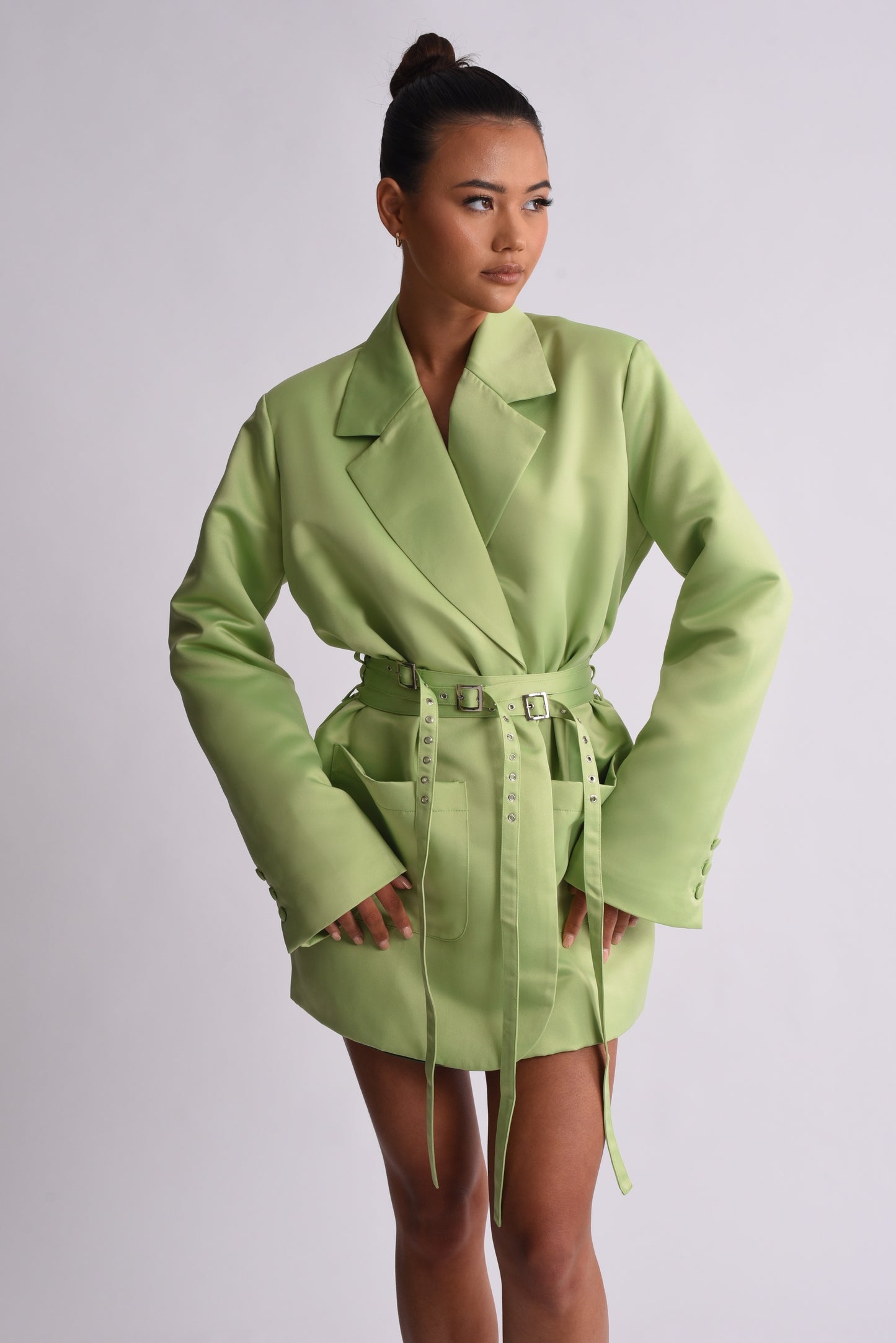 Sofia' Triple Belted Satin Blazer Dress - Apple Green Sestri London Sofia' Triple Belted Satin Blazer Dress - Apple Green Sestri London