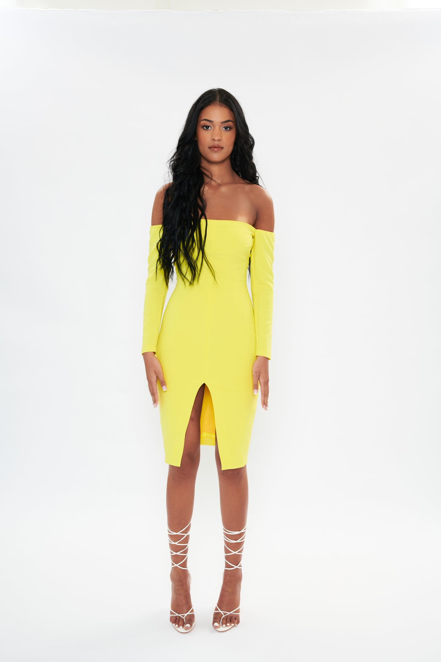 'Willow' Bardot Centre Split Midi Dress - Lemon Yellow