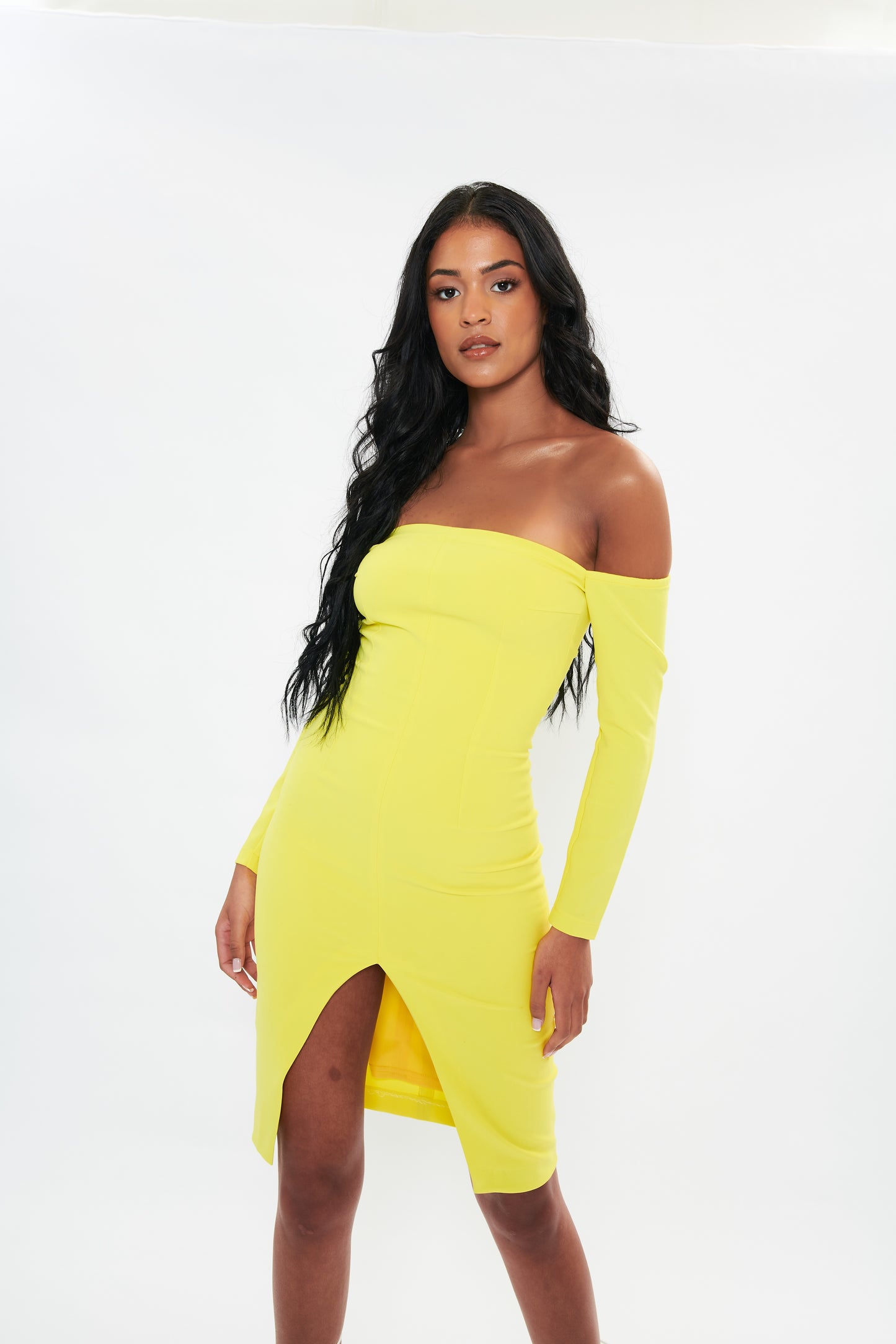 'Willow' Bardot Centre Split Midi Dress - Lemon Yellow