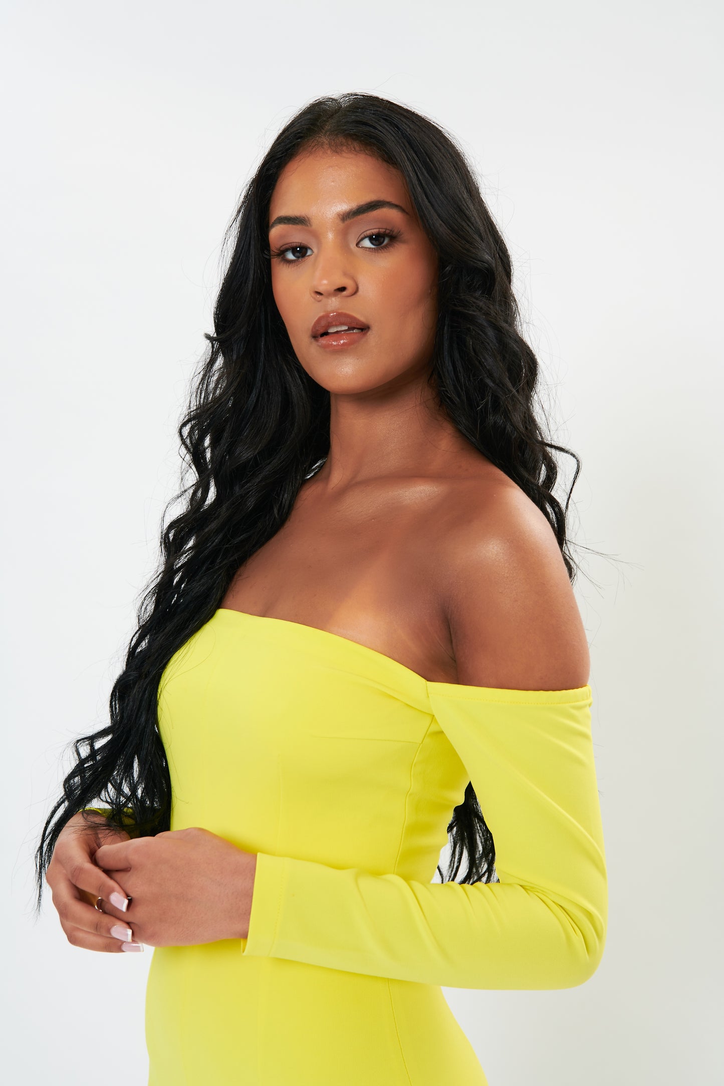 'Willow' Bardot Centre Split Midi Dress - Lemon Yellow