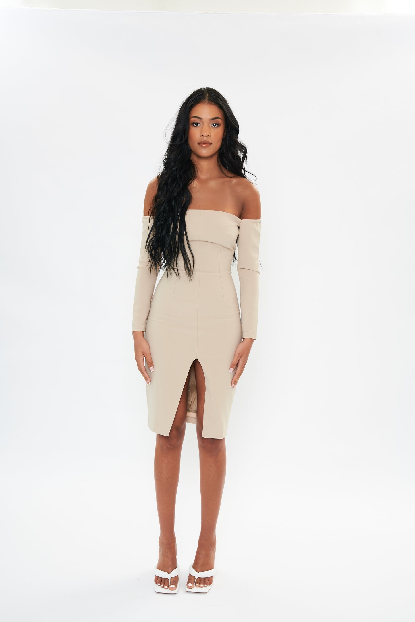 'Willow' Bardot Centre Split Midi Dress - Beige