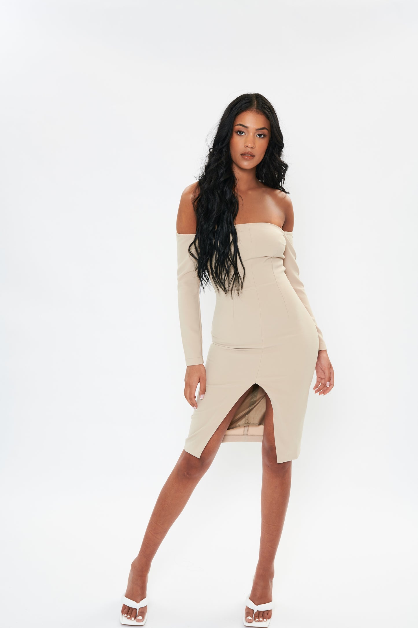 'Willow' Bardot Mini Dress - Beige (Size X-Small) PHOTOSHOOT SAMPLE