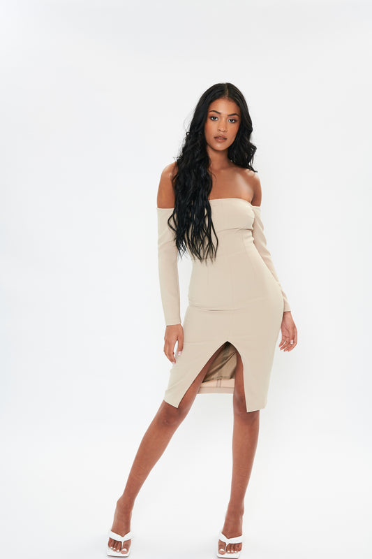 'Willow' Bardot Centre Split Midi Dress - Beige