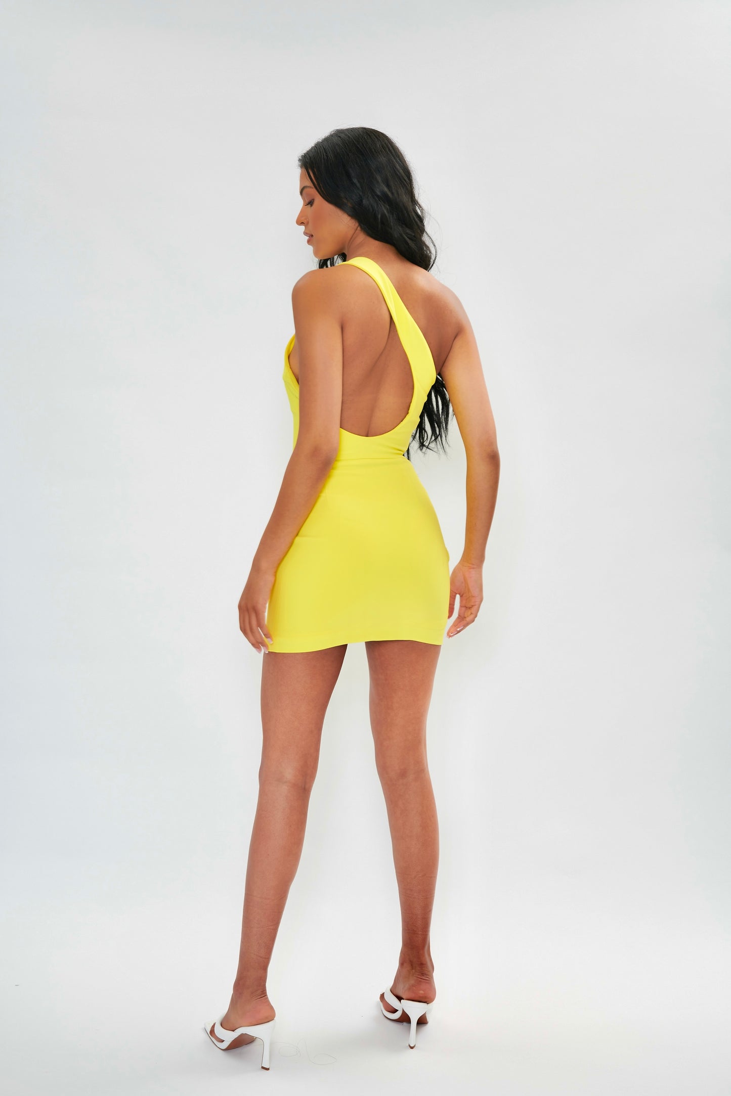 'Leo' One Shoulder Backless Mini Dress - Lemon Yellow