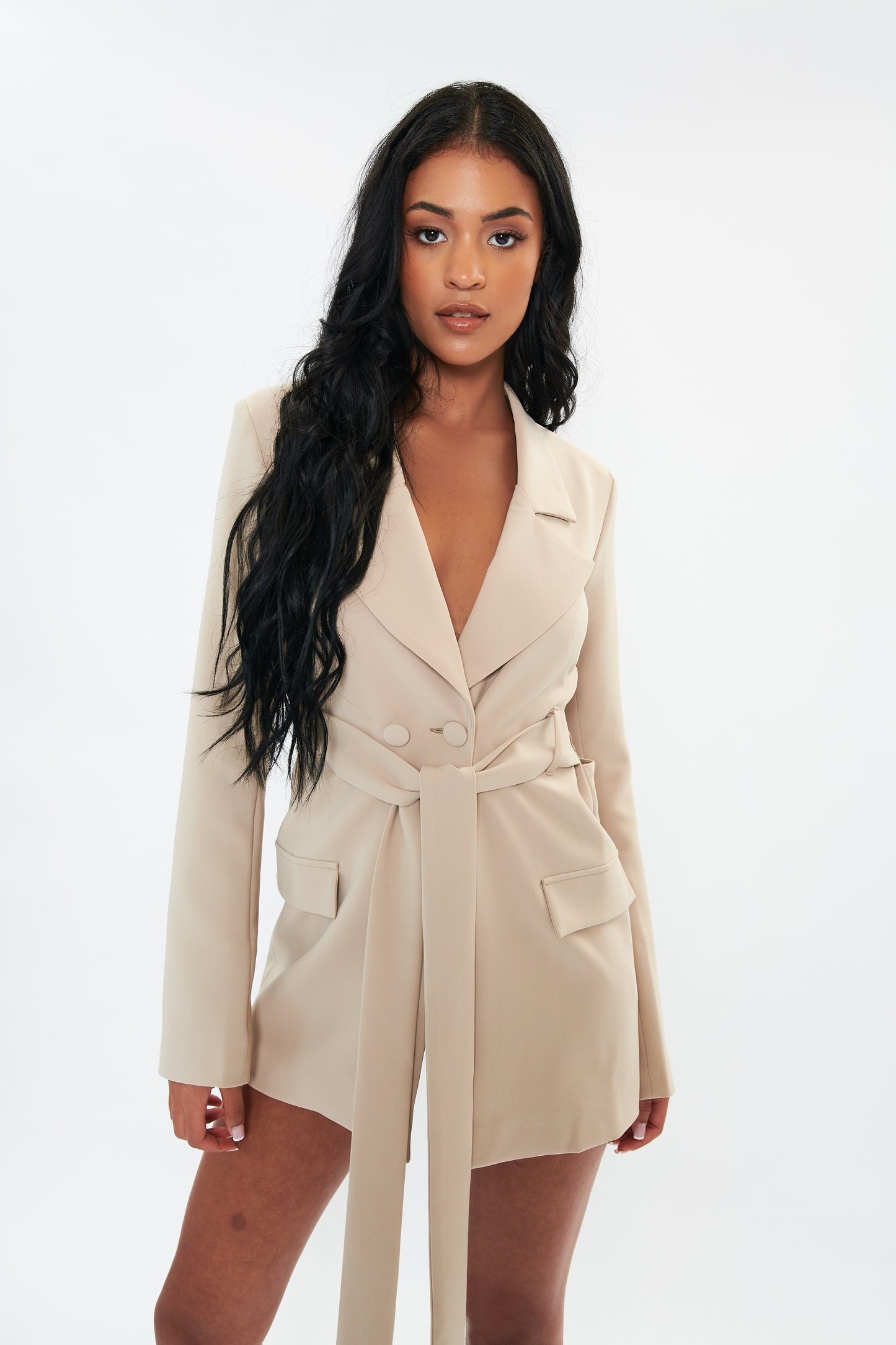 'Harriett' Backless Tie Waist Blazer Dress - Beige