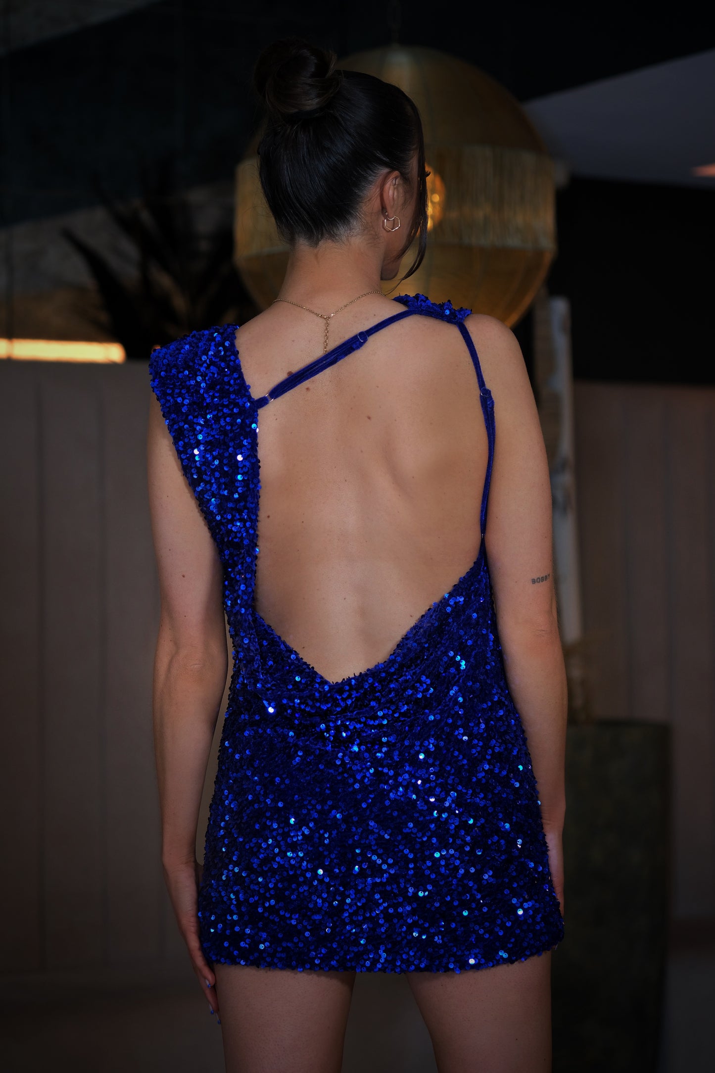 'Aria' Sequin Cowl Backless Mini Dress - Blue