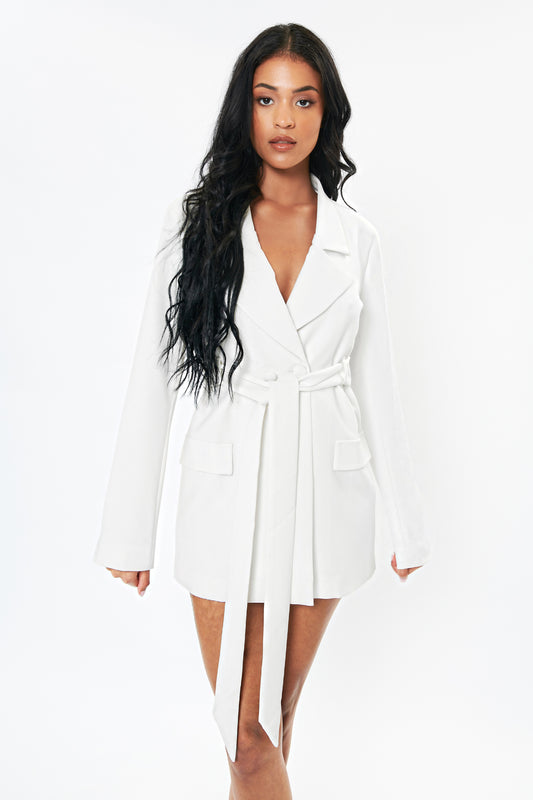 'Harriett' Backless Tie Waist Blazer Dress - Ivory