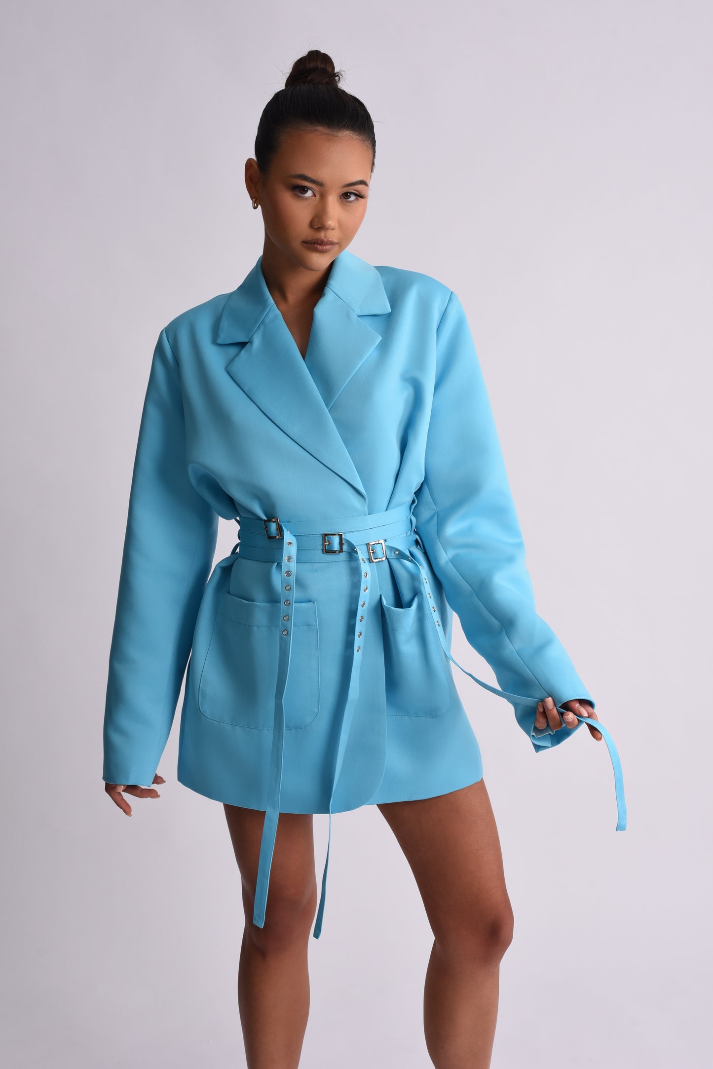 'Sofia' Triple Belted Satin Blazer Dress - Blue