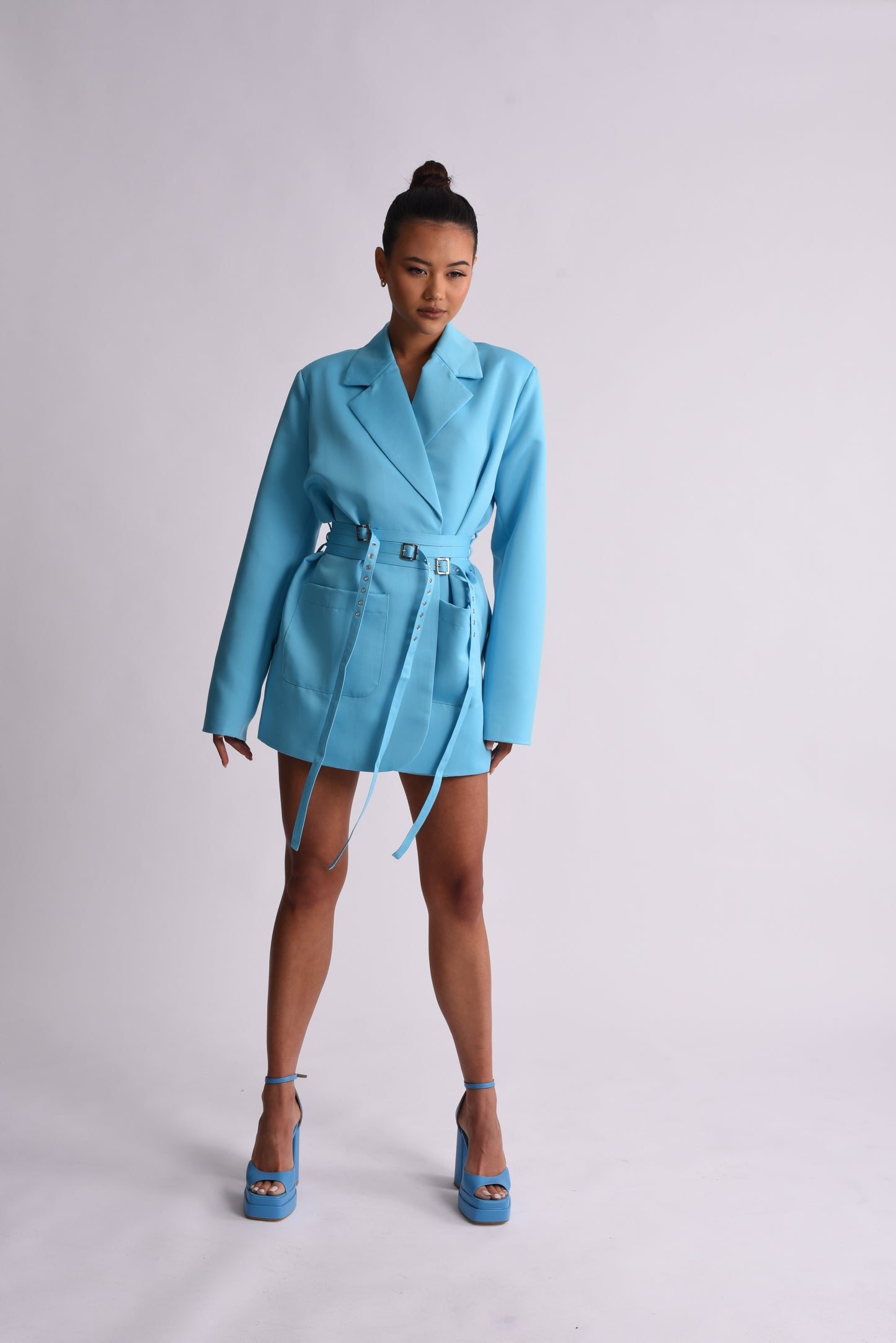 'Sofia' Triple Belted Satin Blazer Dress - Blue