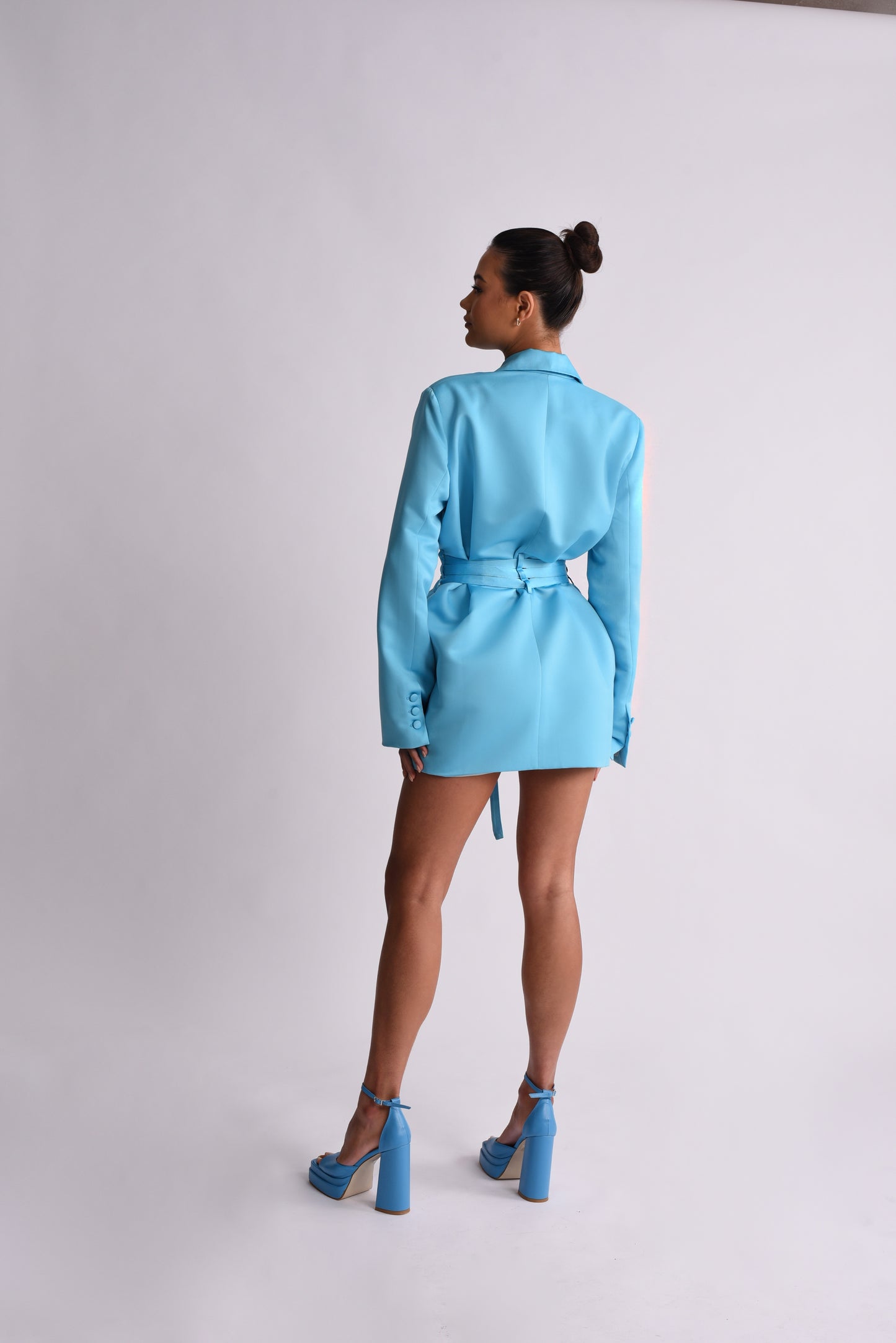 'Sofia' Triple Belted Satin Blazer Dress - Blue