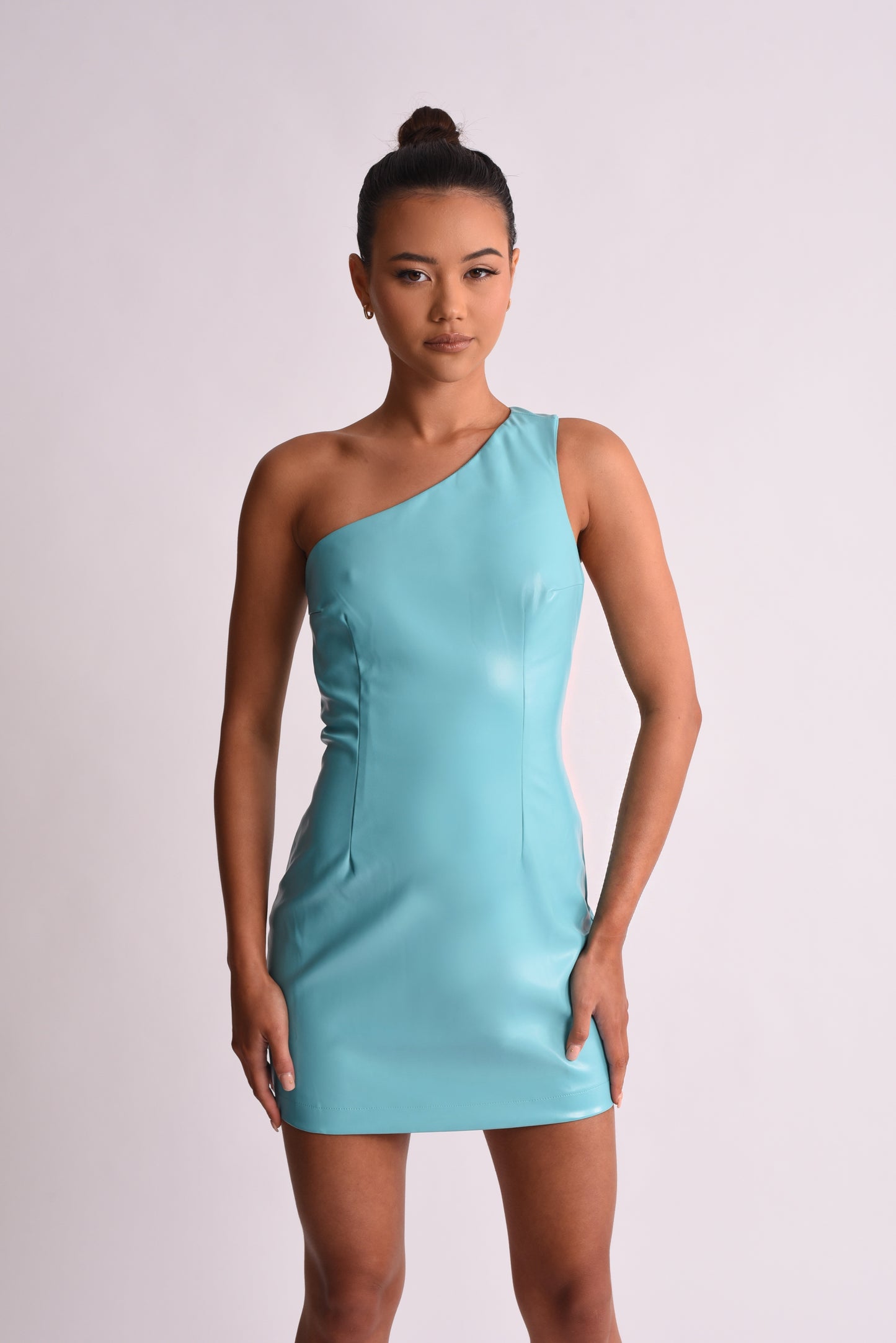 'Leo' One Shoulder Backless Mini Dress - Aqua Vegan Leather