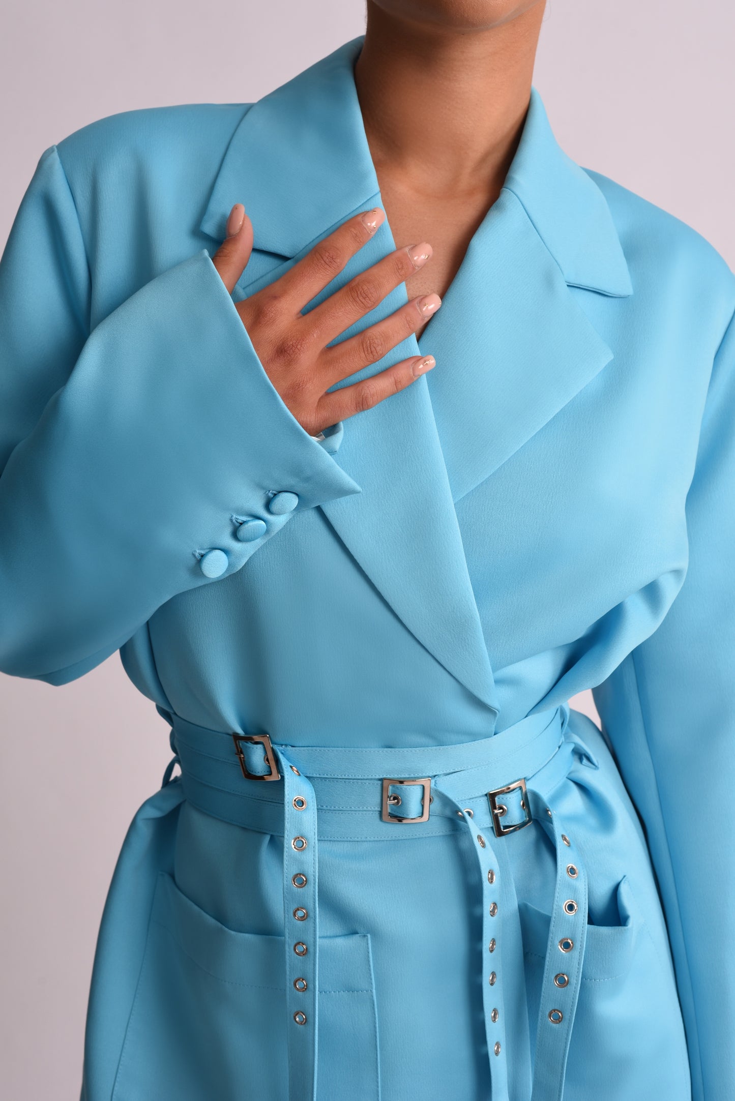 'Sofia' Triple Belted Satin Blazer Dress - Blue