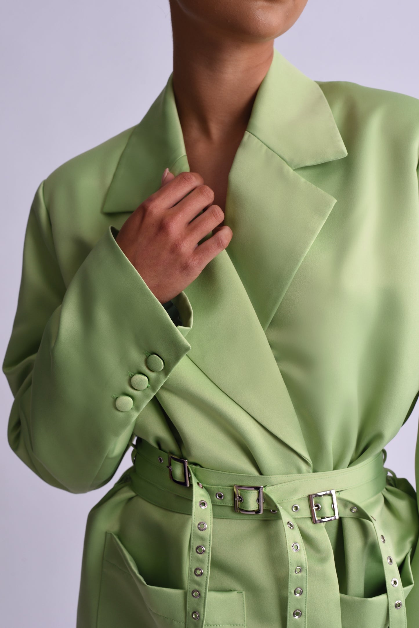 'Sofia' Triple Belted Satin Blazer Dress - Apple Green