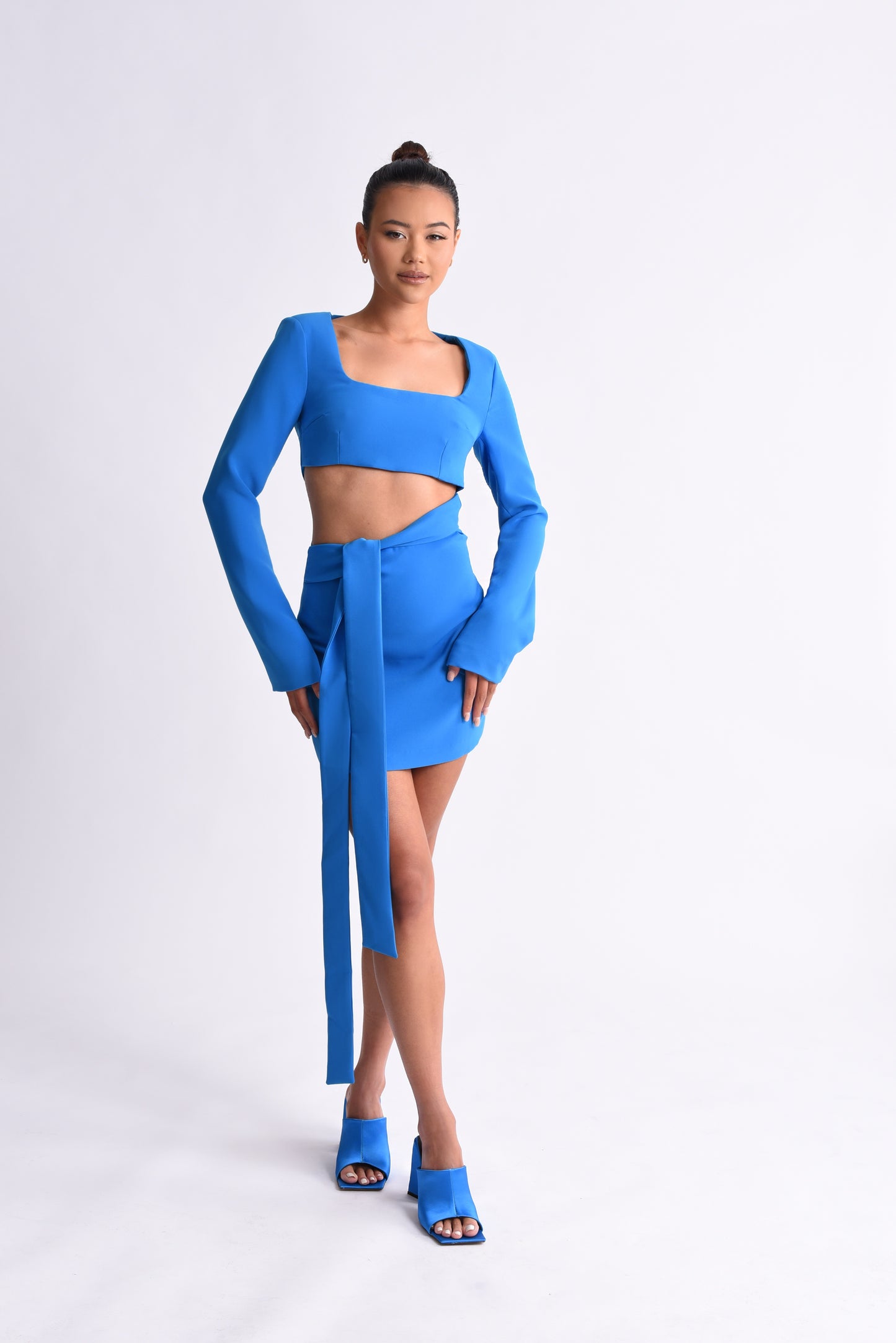 'Romi' Cut Out Tie Waist Mini Dress - Blue