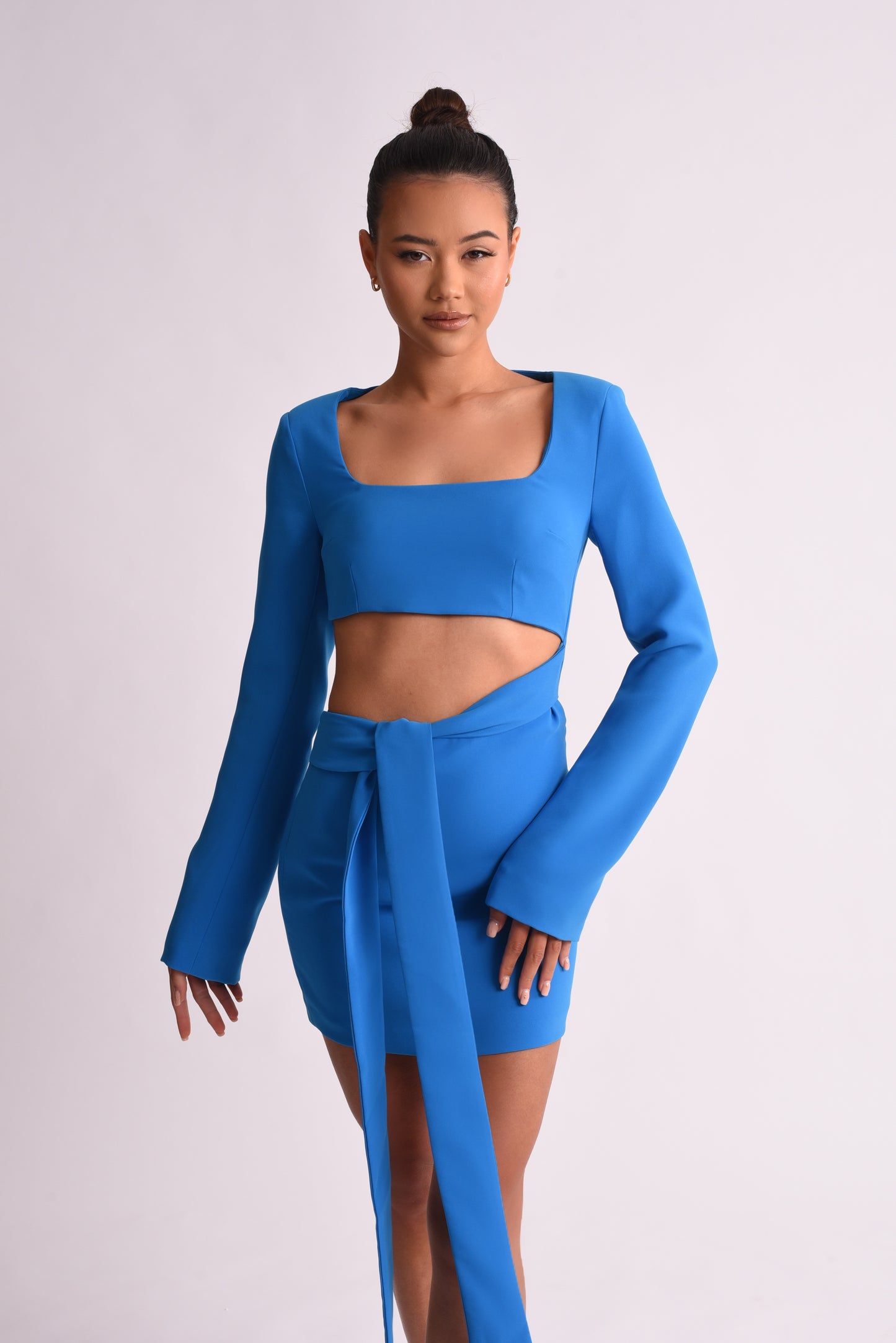 'Romi' Cut Out Tie Waist Mini Dress - Blue